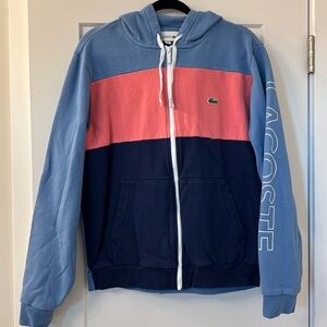 Men’s Lacoste Hooded Colorblock Fleece Zip Sweatshirt. Blue and pink. Size large